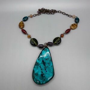 Multicolor Beaded Necklace with Teal Pendant